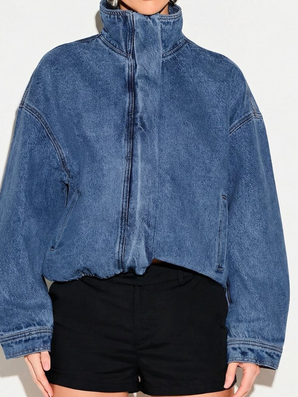 Blue Women's Funnel Neck Stand Collar Cropped Hem Oversized Denim Bomber jacket
